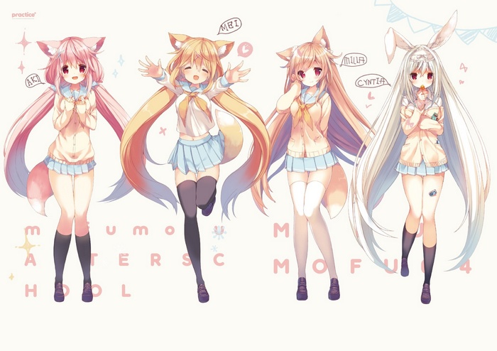 pink hair, stockings, red eyes, bunny ears, skirt, inumimi, thigh-highs, tail, long hair, knee-highs, anime girls, anime, blonde, gray hair, animal ears
