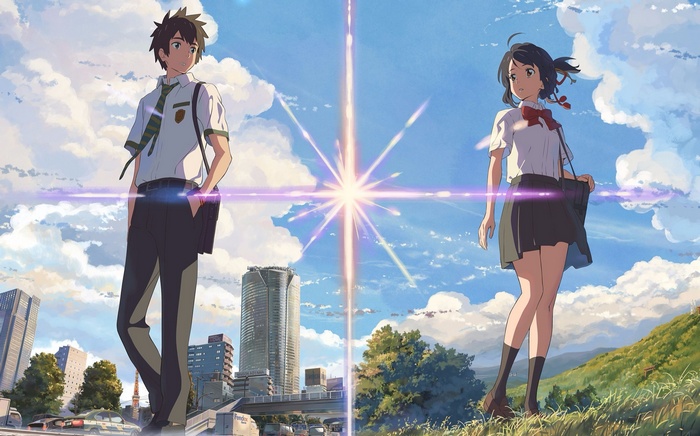 cityscape, anime, Your Name, tie, sky, anime girls, longhair, Kimi no Na Wa, miniskirt, anime boys