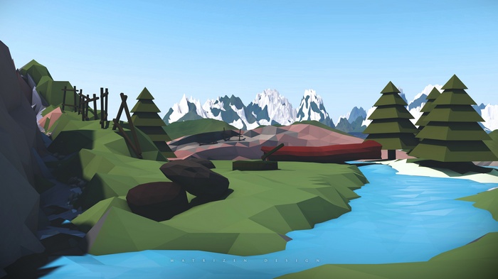 Low poly landscape with mountains, river, and fence