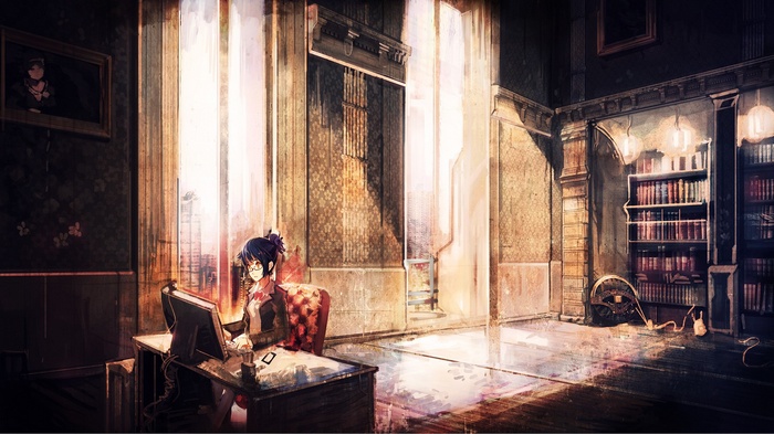 Anime girl with glasses working at a desk in a library