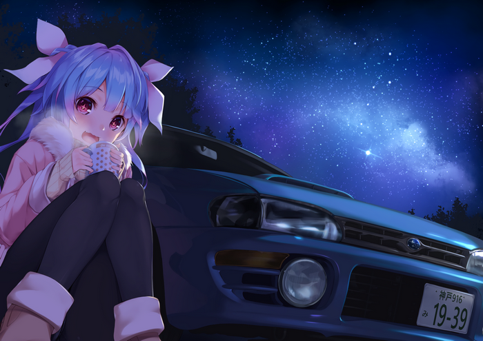 Anime girl with blue hair and a car under the stars