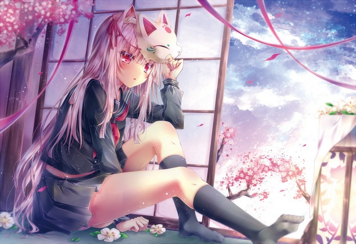 Anime girl with pink hair and fox ears holding a mask