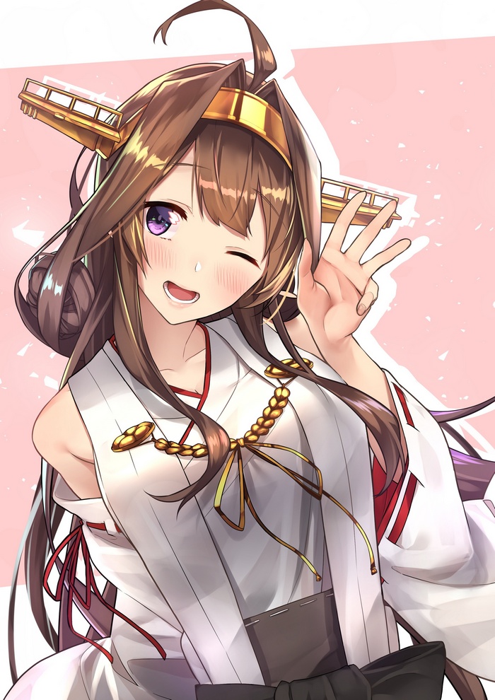 Kongou from Kantai Collection winking and holding up two fingers