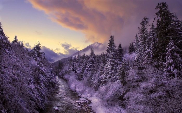 Snowy mountain landscape with river and pine trees at sunset