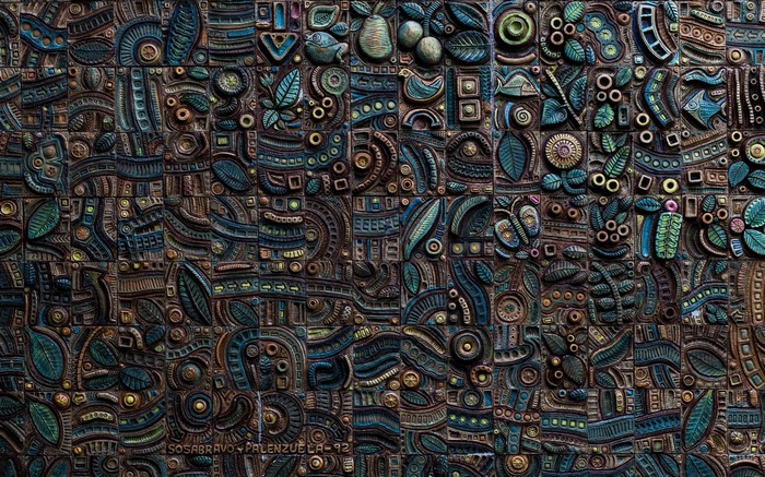 Textured Ceramic Mural with Nature Motifs