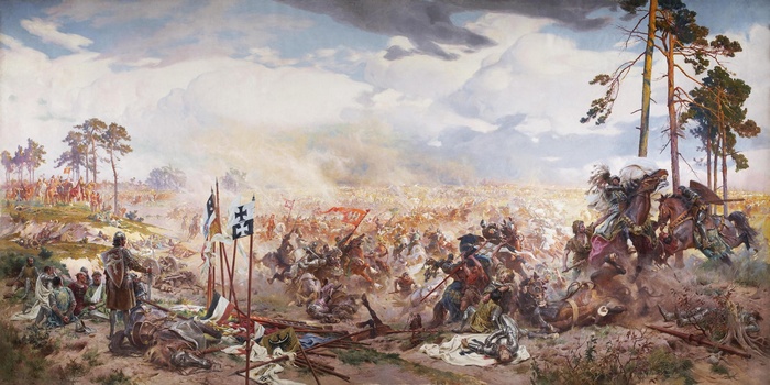 Battle of Grunwald painting with knights and horses