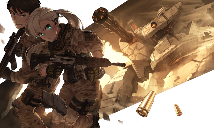 Anime soldiers with guns and a mech