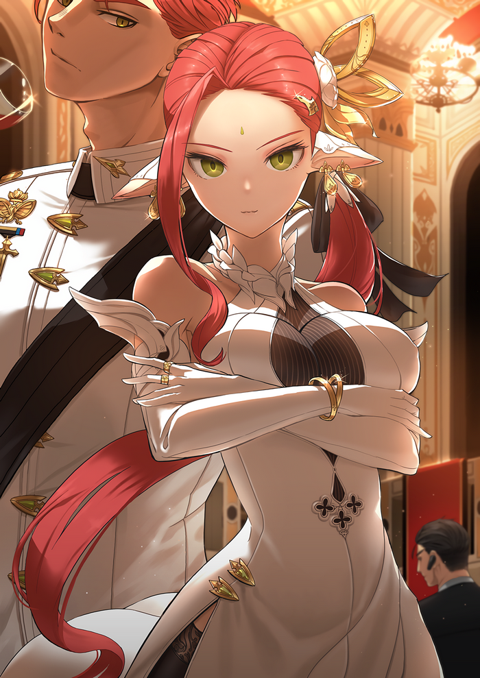 Anime woman with red hair and green eyes in white dress