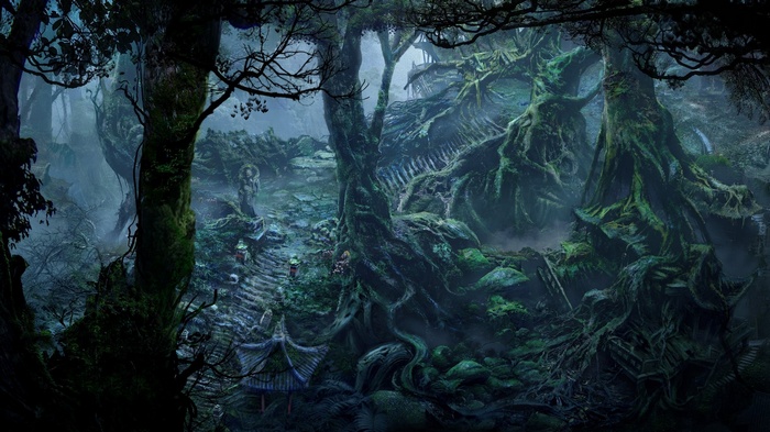 Fantasy forest with ancient ruins and statues