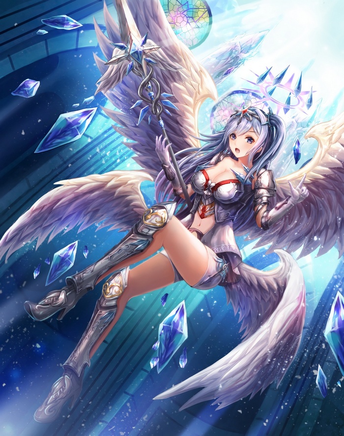 Angel girl with wings and armor holding a staff