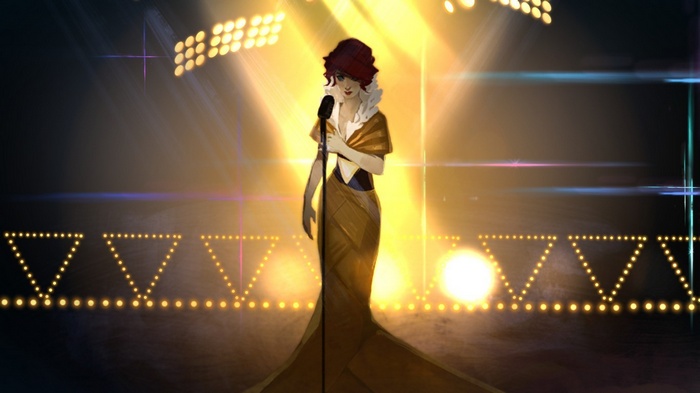 Singer in a yellow dress on stage with spotlights