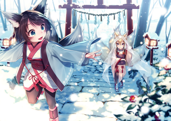 Two fox girls in a snowy shrine setting