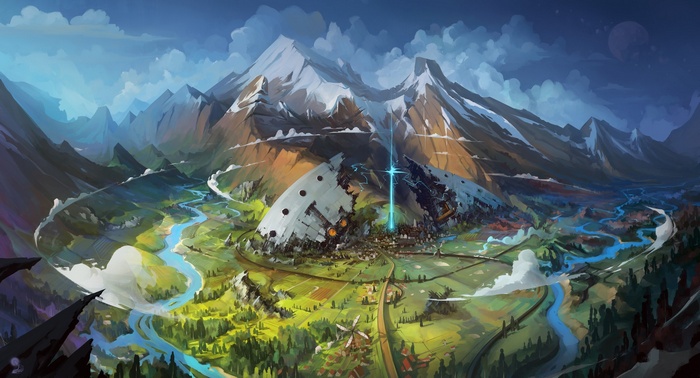 Fantasy landscape with crashed spaceship and mountains