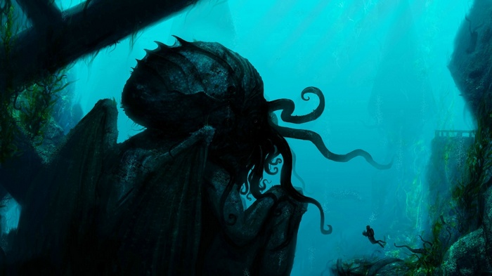 Cthulhu creature and divers underwater