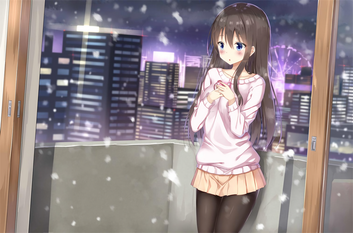 Anime girl with long brown hair and blue eyes in winter
