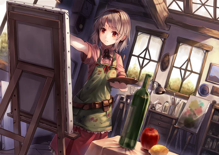 Anime girl painting in an art studio