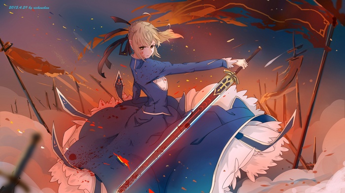 Saber from Fate/Stay Night with a bloody sword