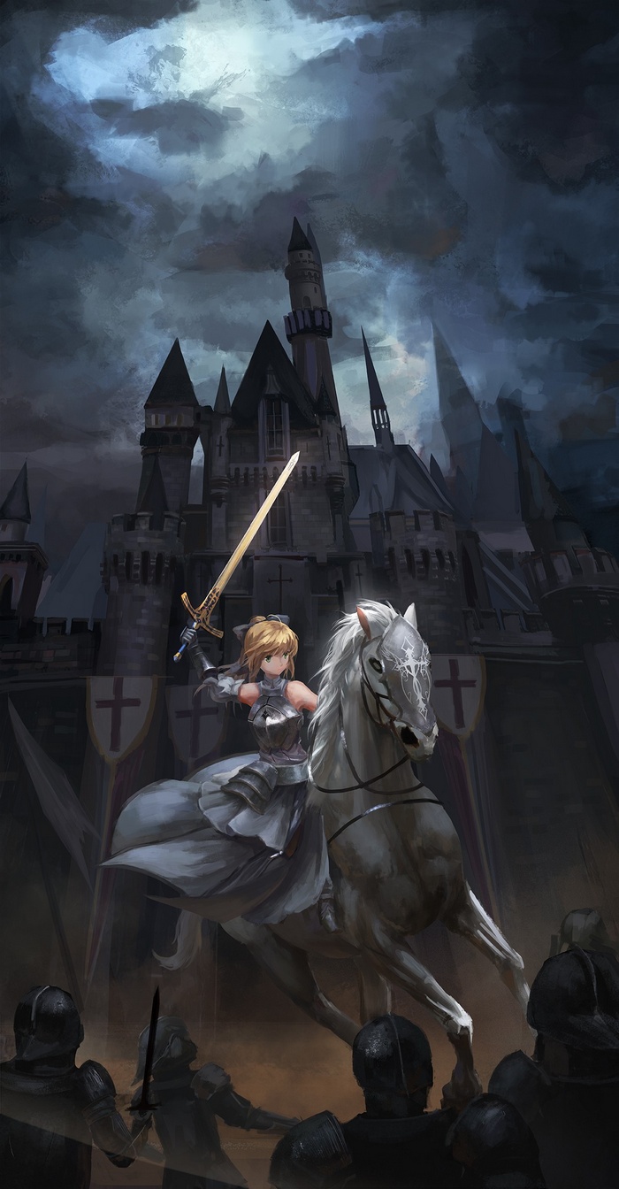 Saber Lily from Fate/stay night on horseback before a castle