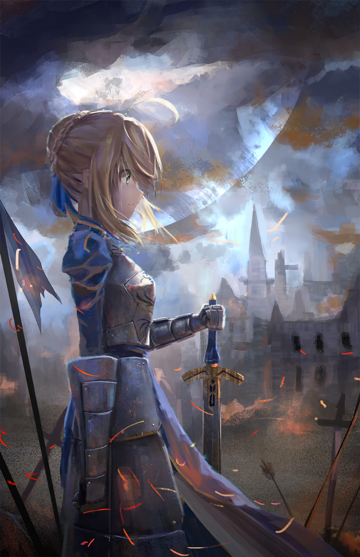Saber from Fate/Stay Night with a sword in a ruined city