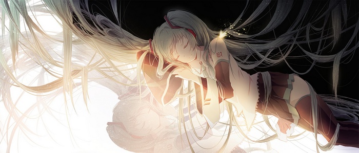 Hatsune Miku sleeping with long twintails