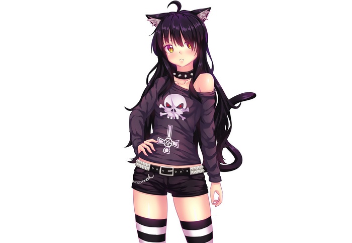 Cat girl with skull shirt and shorts