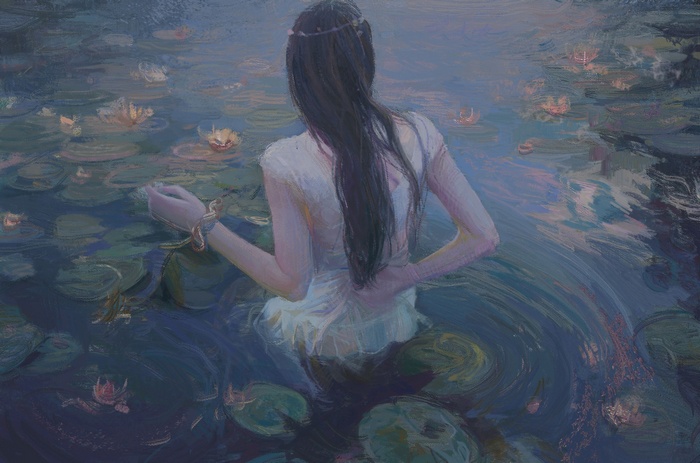 Woman in white dress in a pond with water lilies