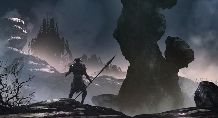 Fantasy warrior with spear in desolate landscape