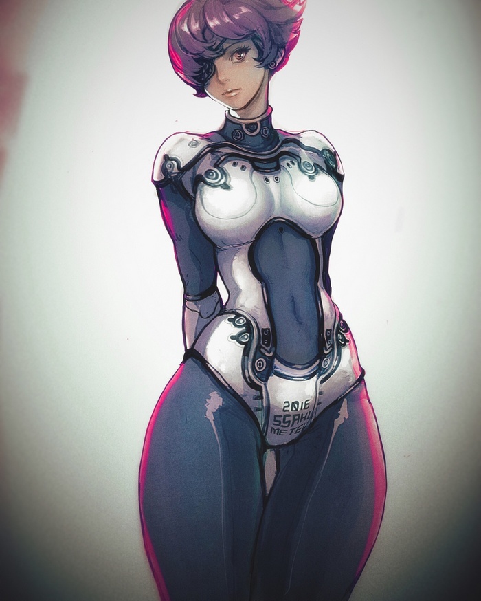 Woman in futuristic suit with purple hair