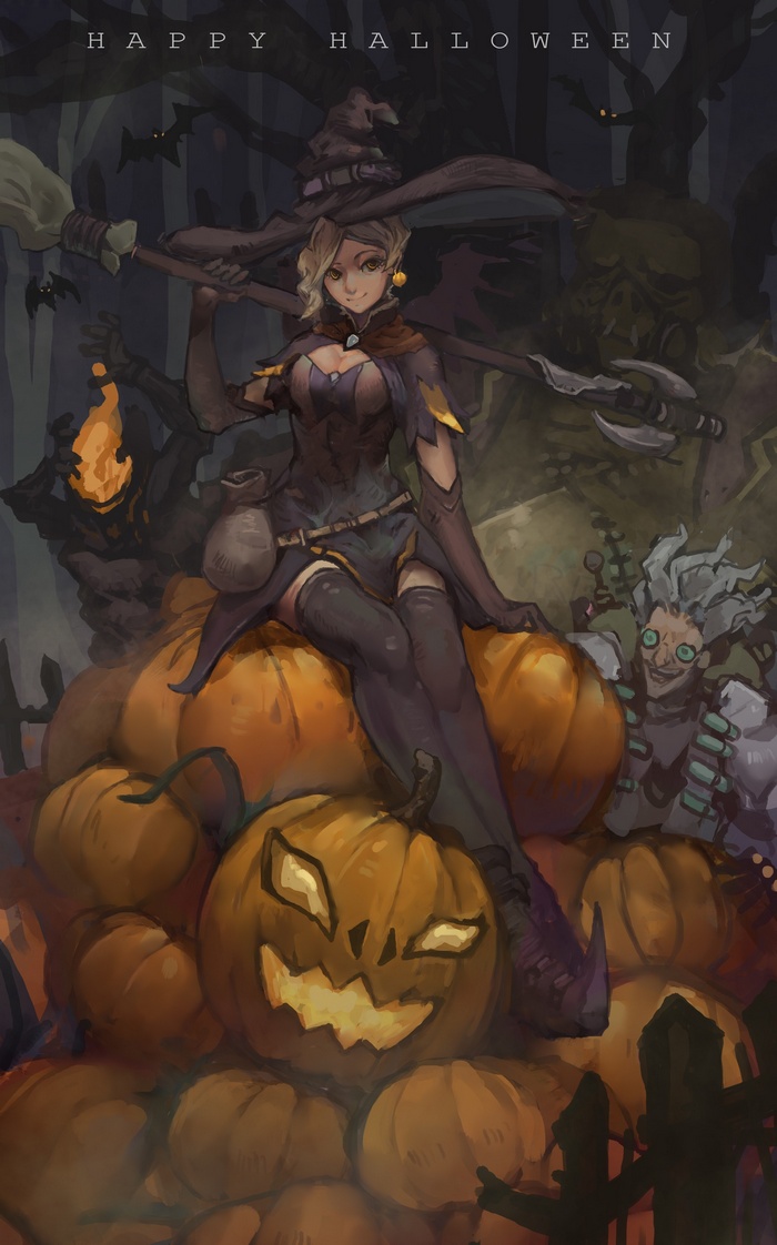 Mercy from Overwatch on pumpkins with Halloween characters