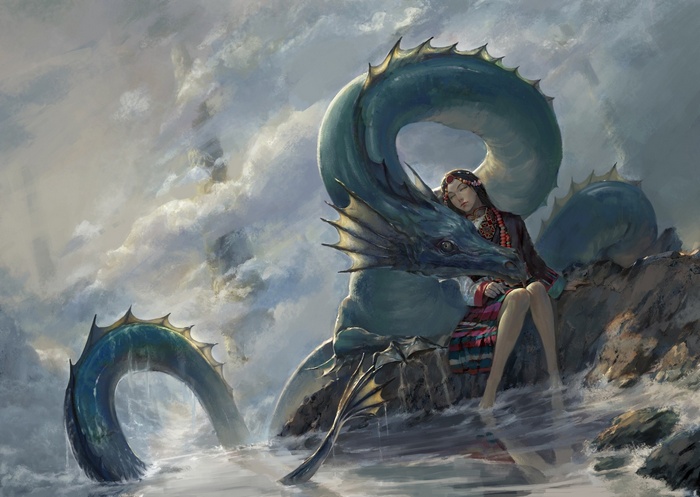 Fantasy art of a girl sleeping on a dragon