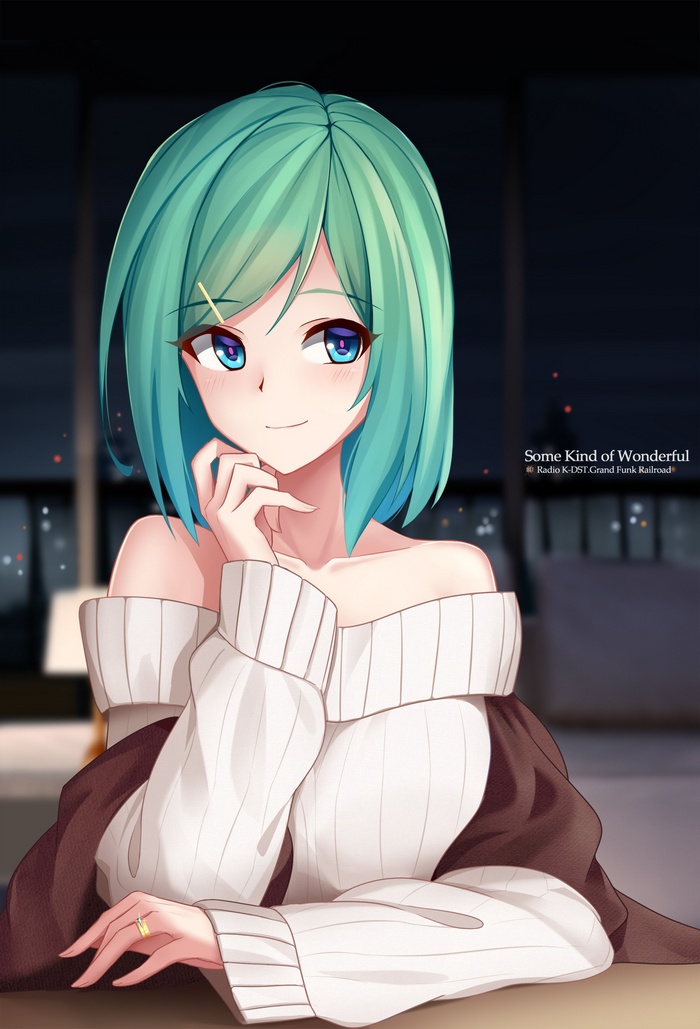 Anime girl with aqua hair and blue eyes wearing a sweater