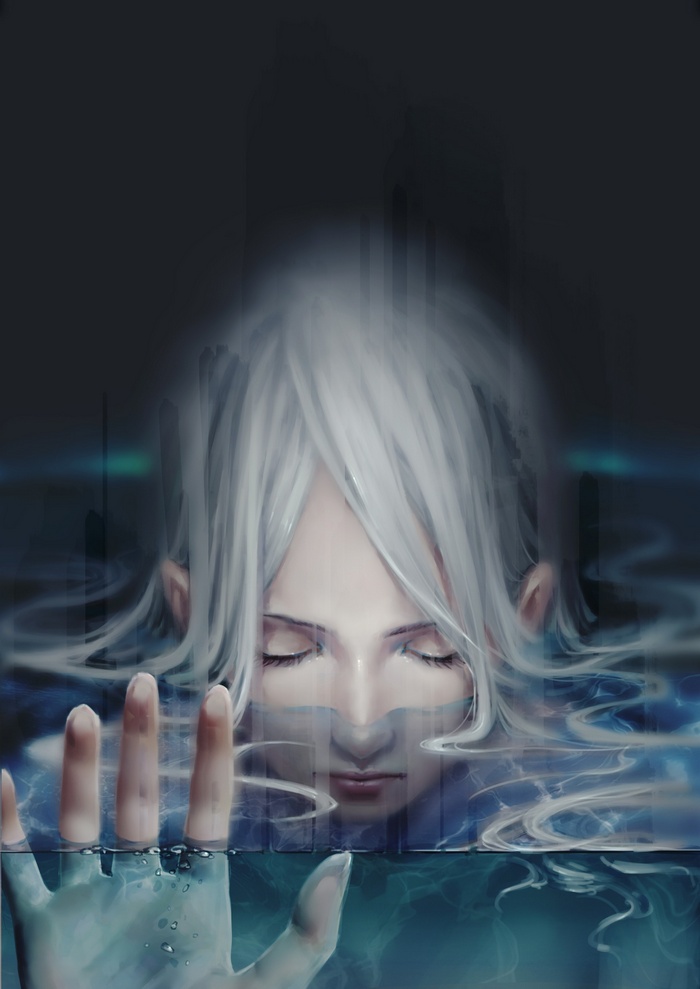 Fantasy art of a person submerged in water