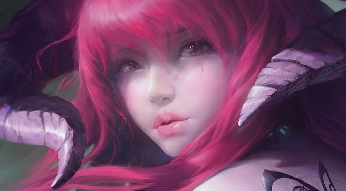 Fantasy art of a woman with pink hair and horns
