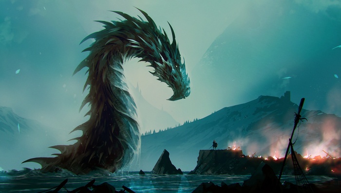 Dragon emerging from water near a burning village