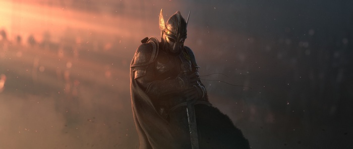 Fantasy warrior in armor holding a sword
