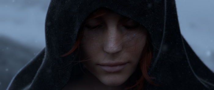Woman with red hair in a dark hood