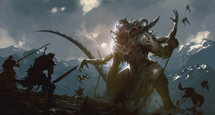 Giant monster fighting warriors in mountains