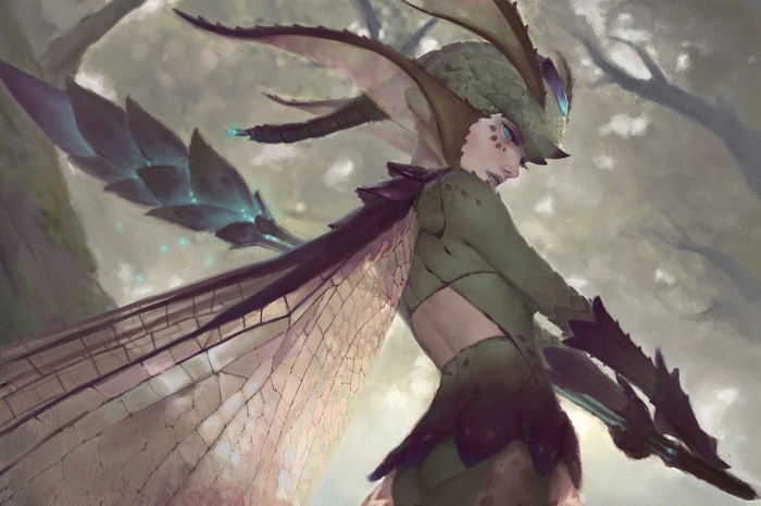 Fairy warrior with dragonfly wings in a forest