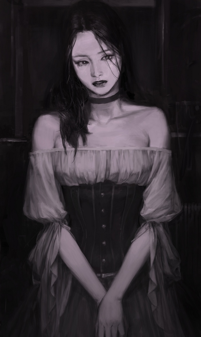 Monochrome painting of a woman in a corset
