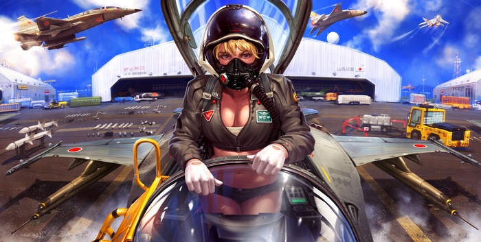 Female pilot in fighter jet cockpit on an airfield