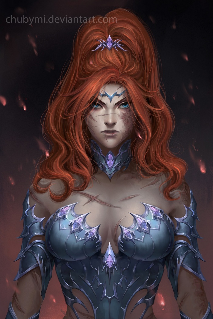 Fantasy warrior woman with red hair and scars
