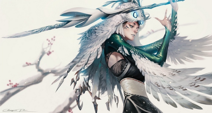 Fantasy warrior with owl headdress and wings