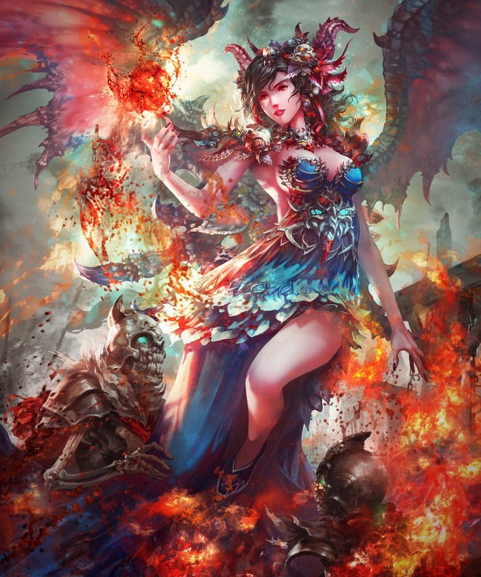 Fantasy art of a demoness with wings and skeletal minions
