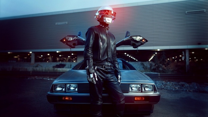 Daft Punk member with DeLorean car