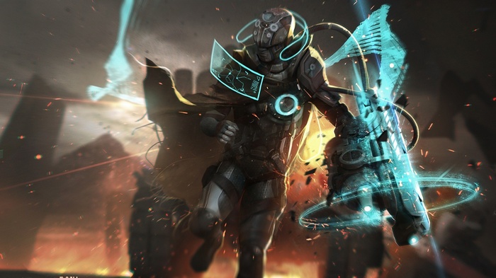 Futuristic soldier with glowing weapon in battle