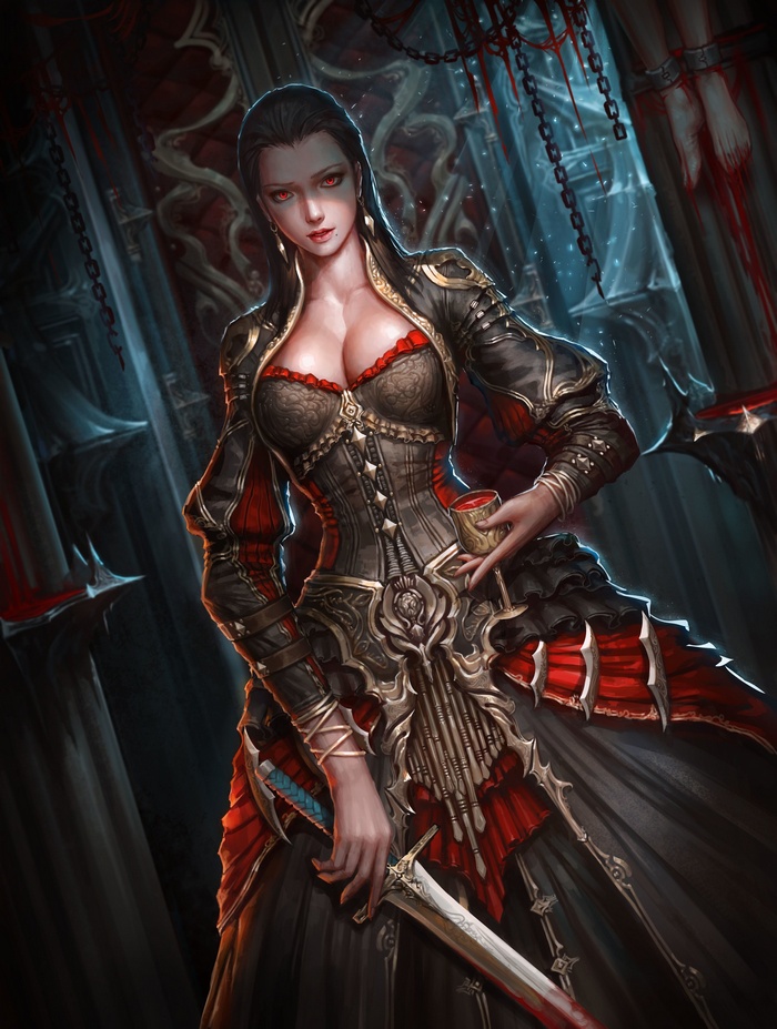 Vampire warrior woman with sword and chalice
