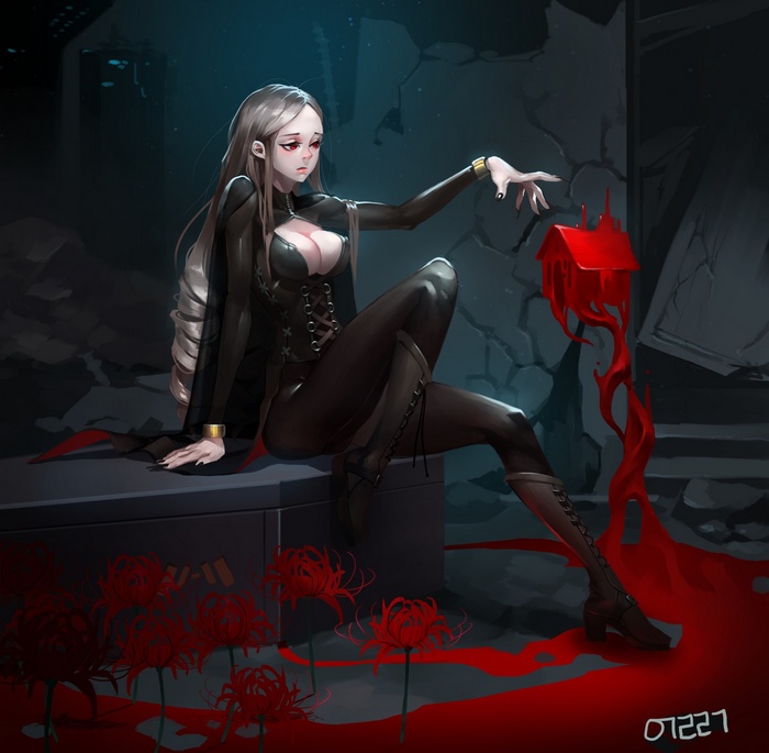 Vampire woman in black outfit with red flowers and blood