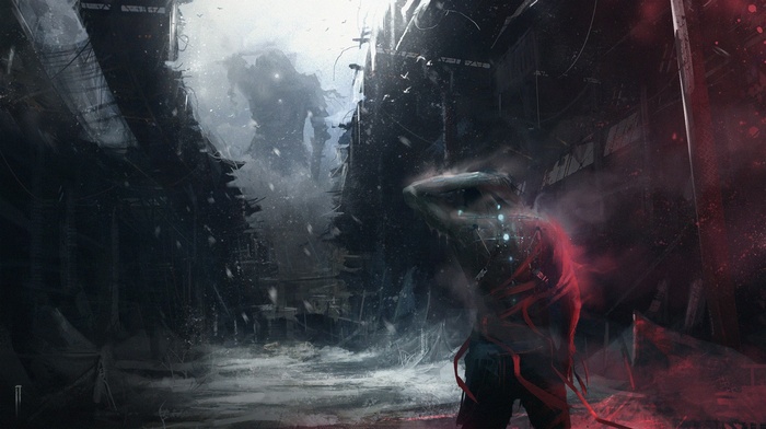 Futuristic warrior in a desolate, snowy city