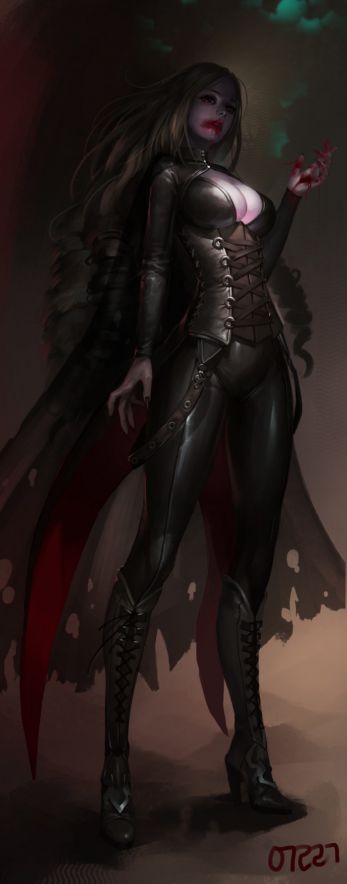 Vampire woman with blood on her lips and hands