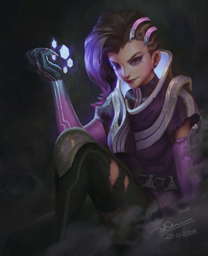 Sombra from Overwatch holding glowing crystals